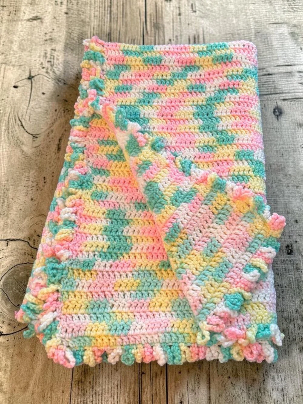 Handmade Multicolored Crochet Baby Blanket With Ruffled Edge Pink Yellow Green &